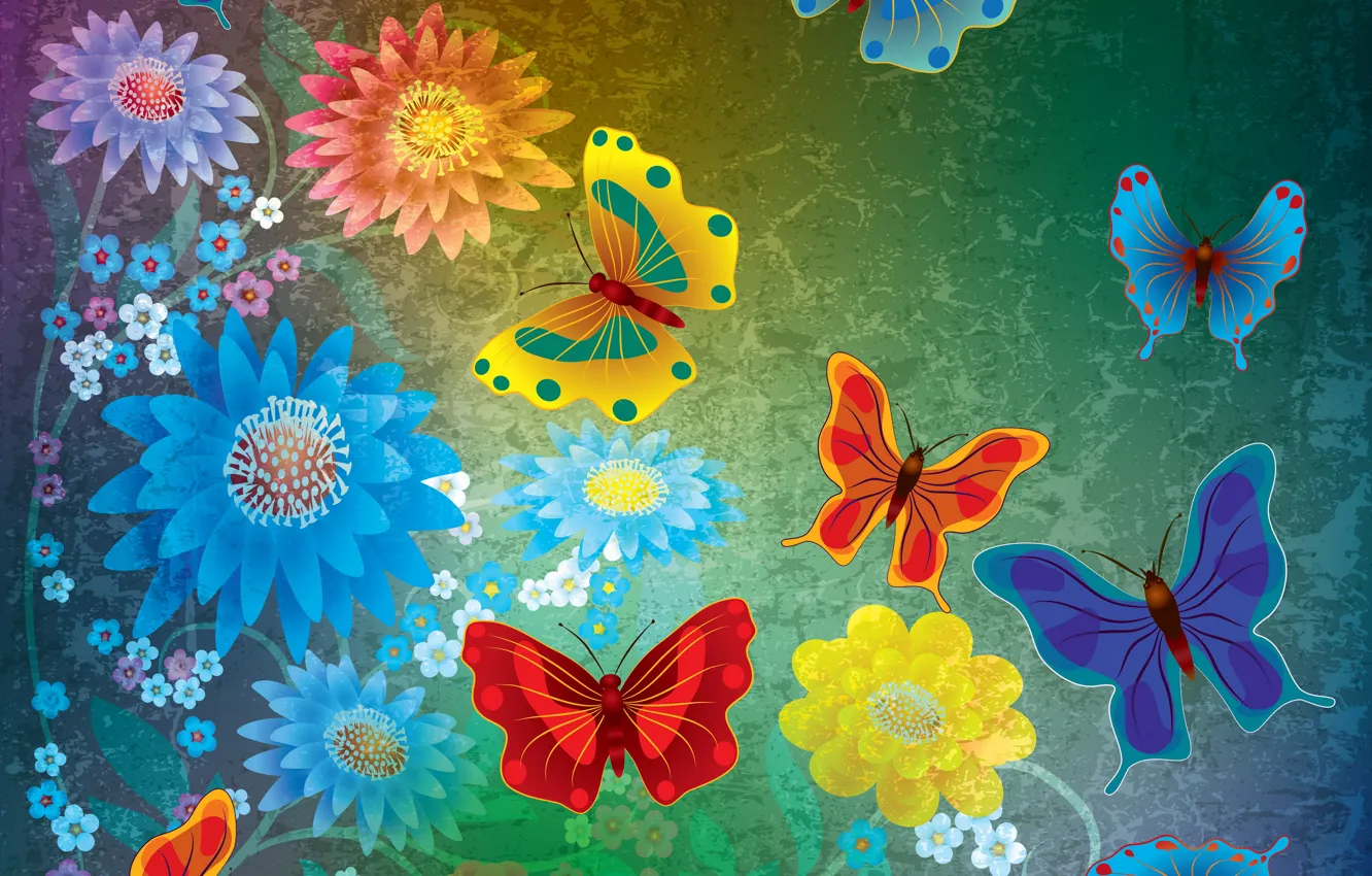 Photo wallpaper butterfly, flowers, abstract, design, flowers, grunge, butterflies