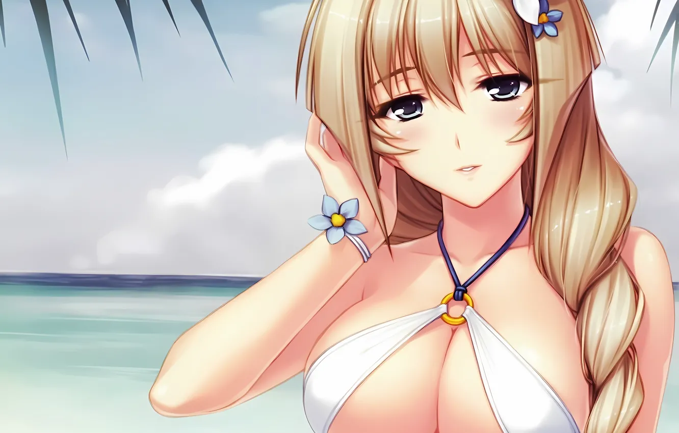 Photo wallpaper girl, sexy, cleavage, beach, long hair, sea, boobs, anime