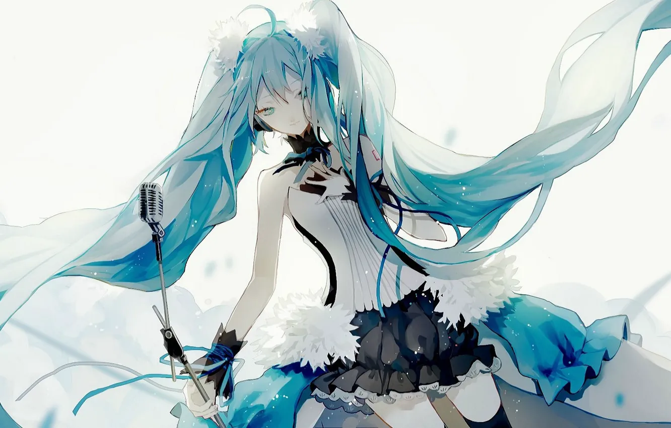 Photo wallpaper white background, fur, microphone, corset, blue eyes, vocaloid, Hatsune Miku, long hair
