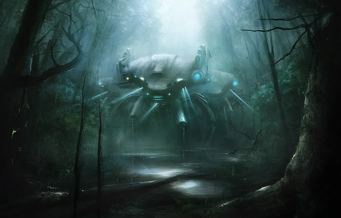 Photo wallpaper water, trees, vegetation, robot, art, korbox