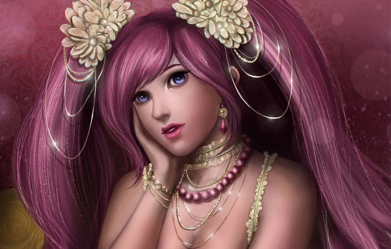 Photo wallpaper girl, decoration, art, beads, barrette, ponytail, pink hair, Lilyzou