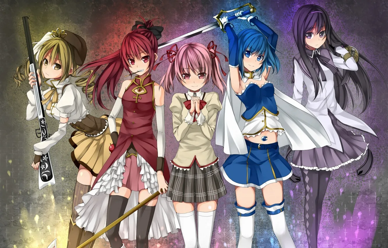 Photo wallpaper girl, weapons, sword, art, mahou shoujo madoka magica, homura akemi, madoka kaname, sayaka miki