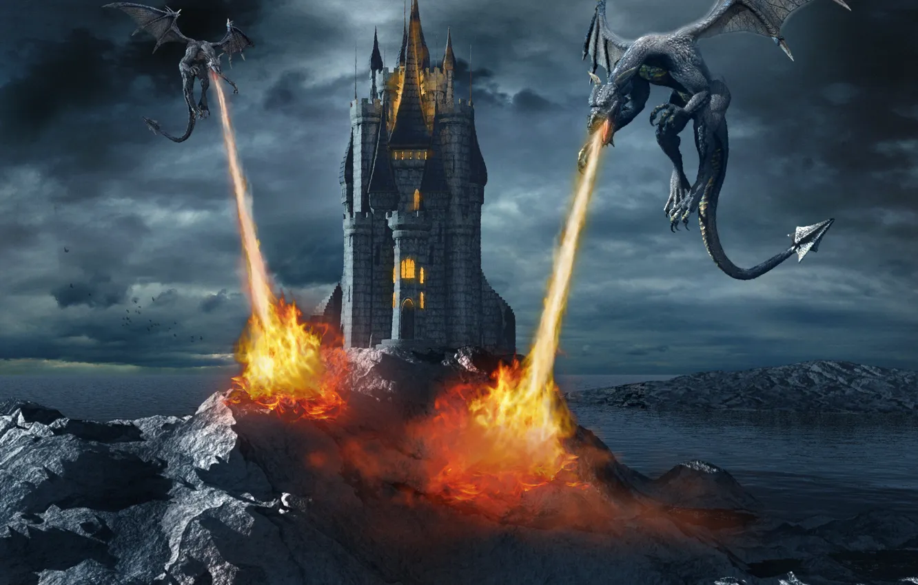 Photo wallpaper the sky, castle, fiction, fire, wings, dragons