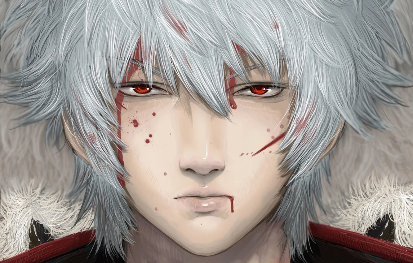 Photo wallpaper blood, guy, red eyes, white hair, Gintama, Sakata Gintoki