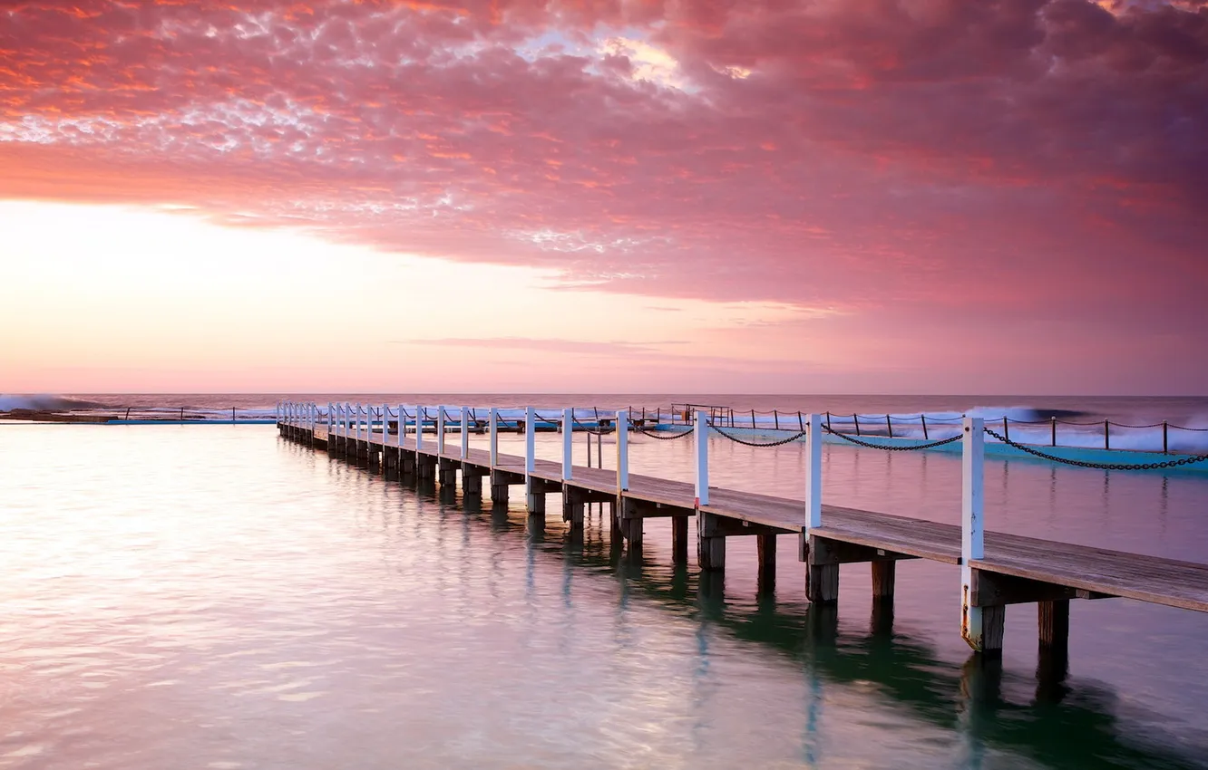 Photo wallpaper sea, landscape, sunset, bridge
