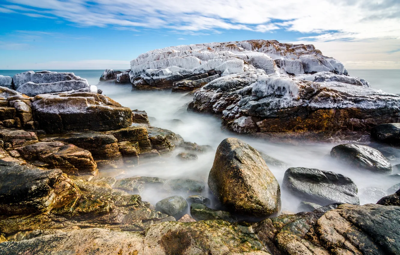 Photo wallpaper ice, sea, the sky, clouds, stones, rocks
