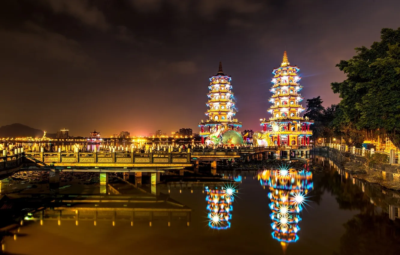 Photo wallpaper night, the city, lights, pier, backlight, Bay, Taiwan, Taiwan