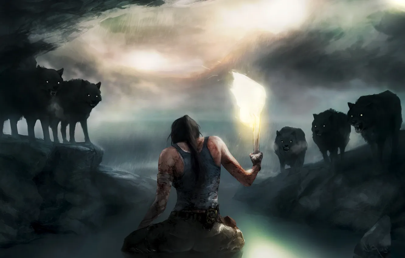 Photo wallpaper girl, wolf, torch, Tomb Raider, sitting