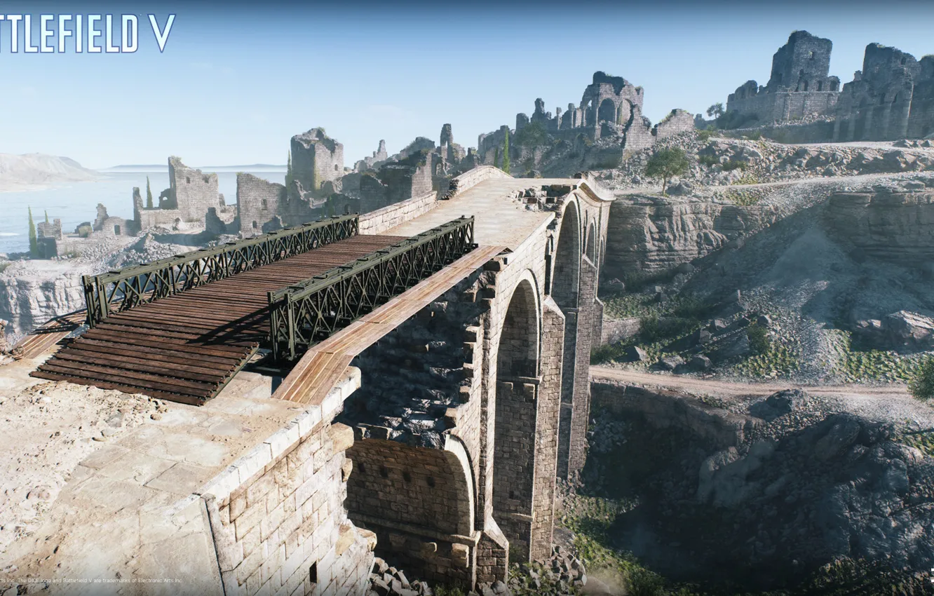 Photo wallpaper road, bridge, stones, ruins, Battlefield V