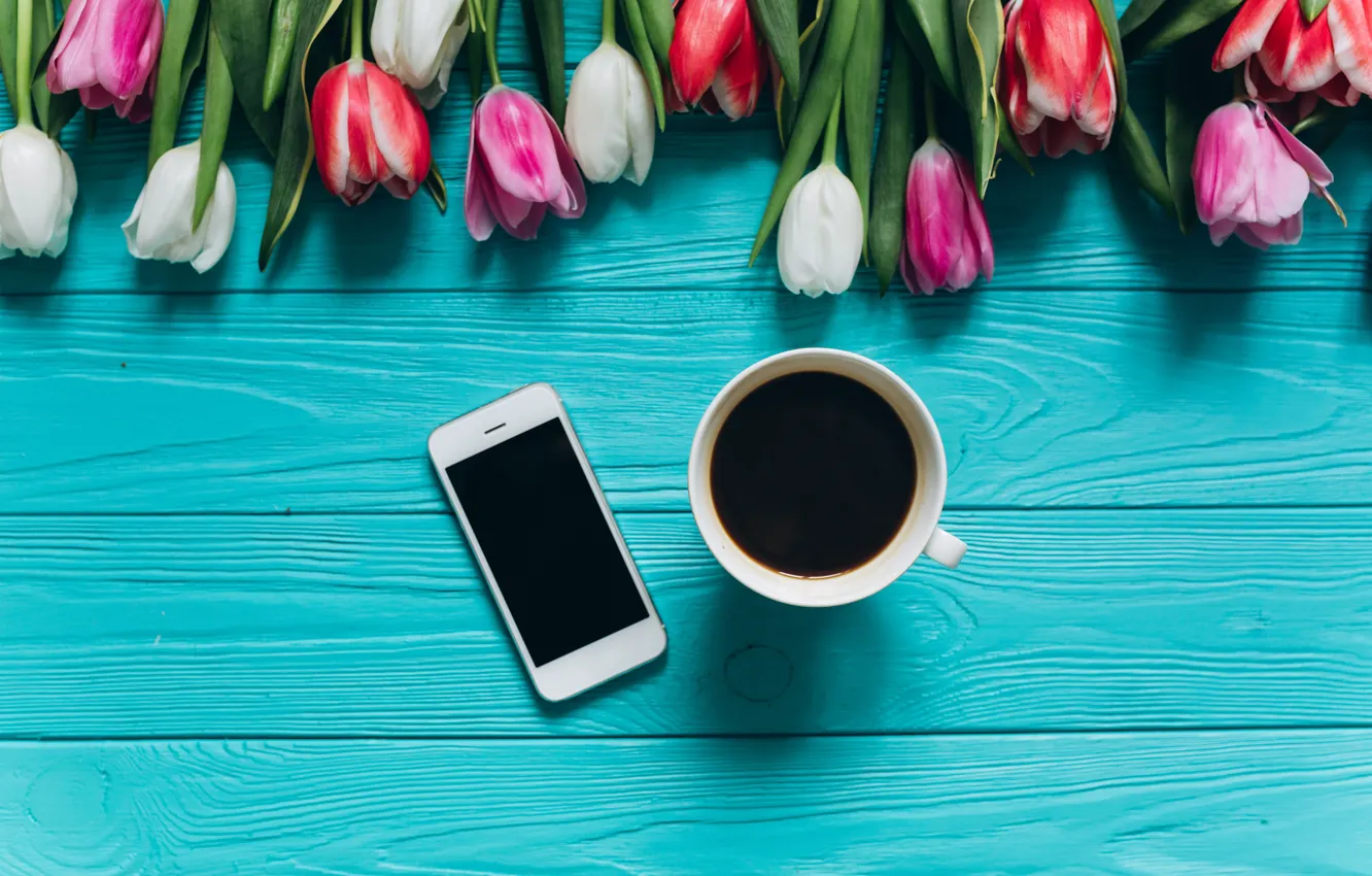 Photo wallpaper flowers, coffee, colorful, Cup, tulips, pink, white, iphone