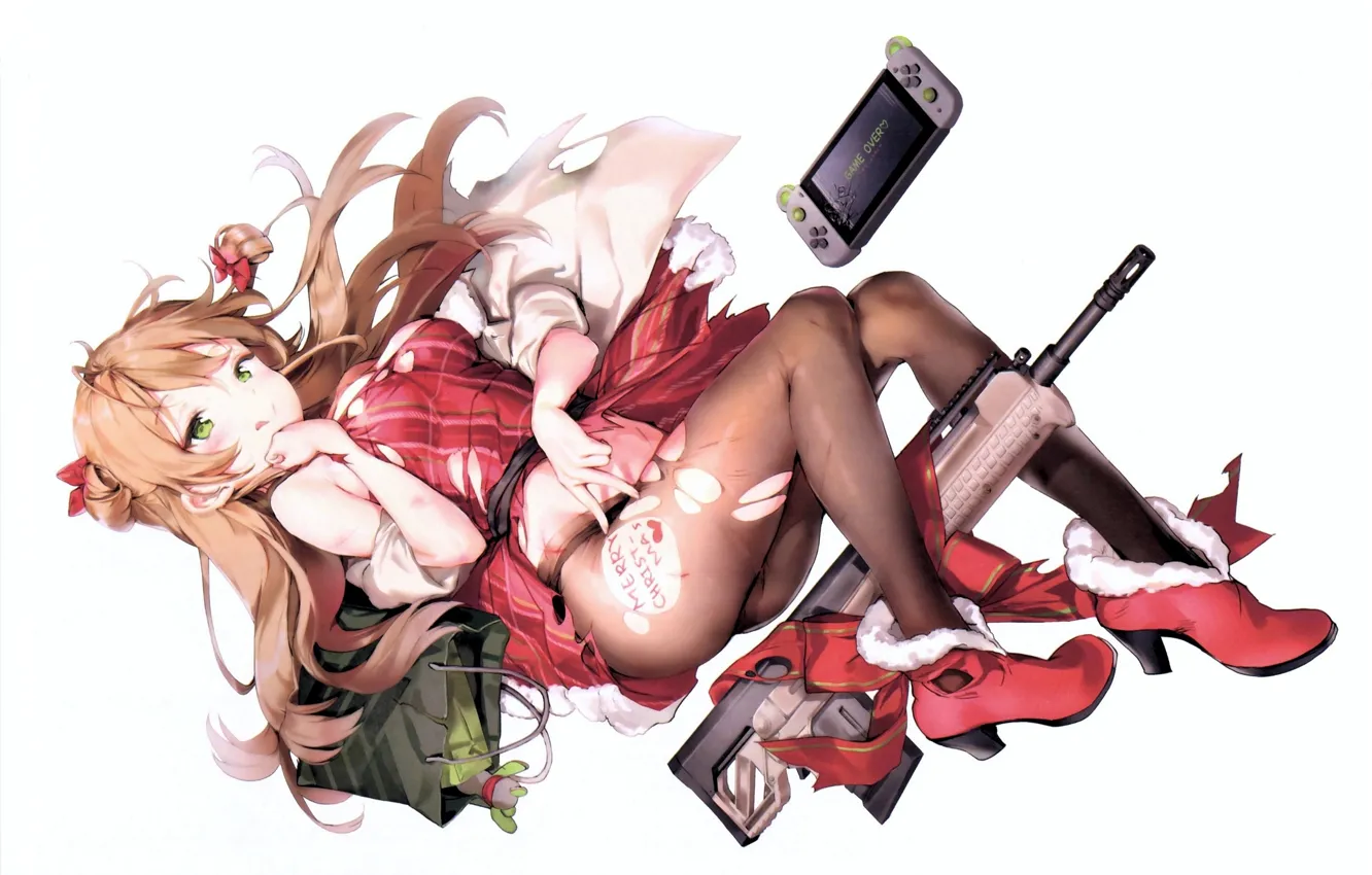 Photo wallpaper package, machine, white background, Merry Christmas, lying on her back, ripped tights, Gamepad, red ankle …