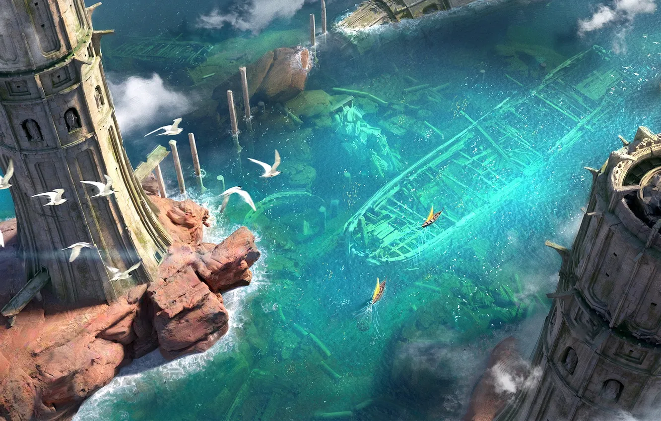 Photo wallpaper fantasy, sea, birds, ruins, digital art, artwork, boat, fantasy art