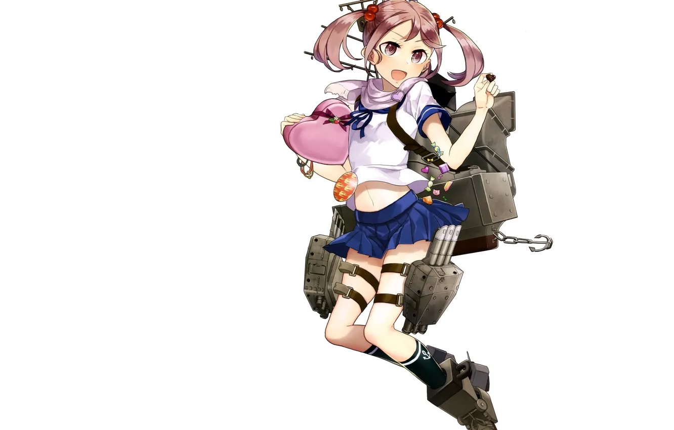 Photo wallpaper joy, gift, white background, mini skirt, anchor, Kantai Collection, super-weapons, Sazanami