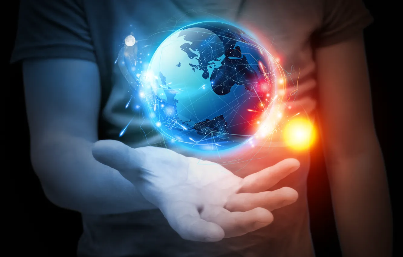 Photo wallpaper the sun, line, creative, balls, planet, hands, Mike, continents