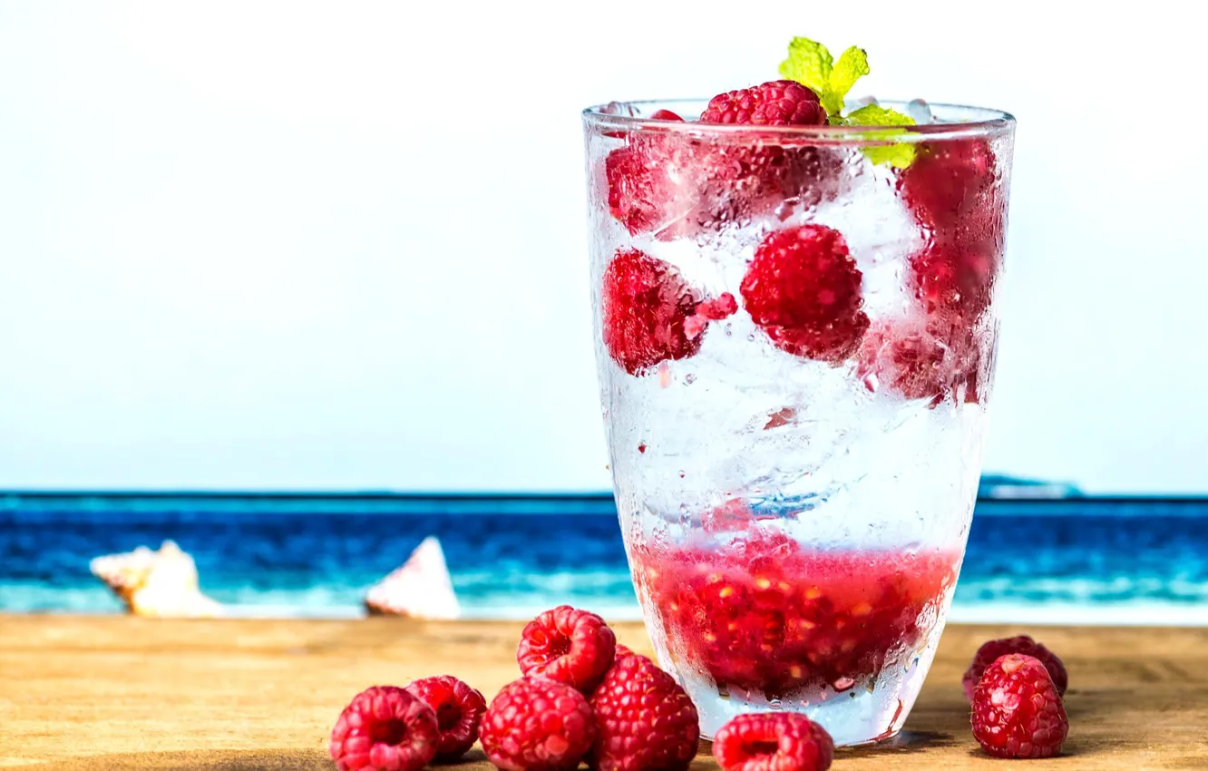 Photo wallpaper ice, summer, glass, raspberry, drink
