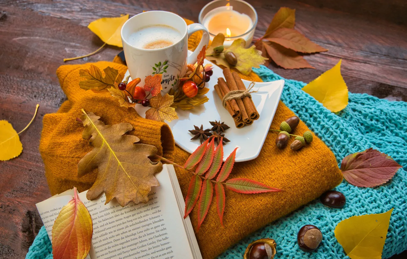 Photo wallpaper autumn, leaves, comfort, heat, foliage, Board, leaf, coffee