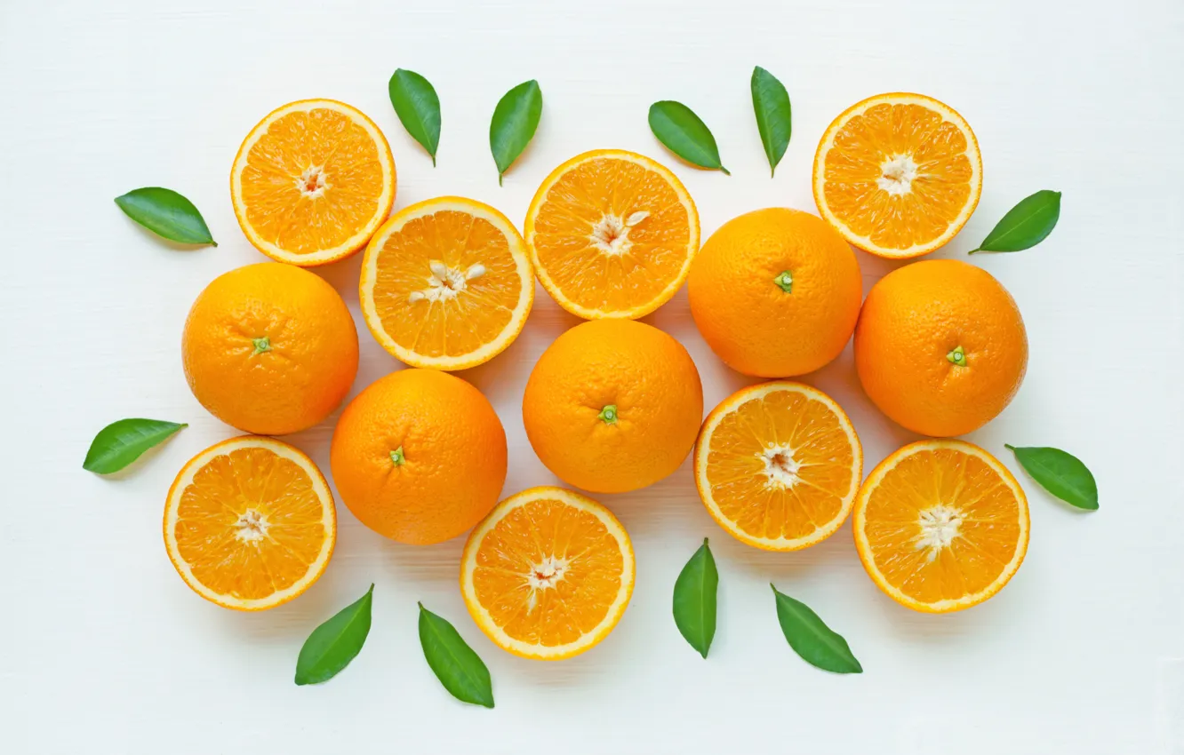 Photo wallpaper oranges, fruit, fresh, leaves, leaves, orange, fruits