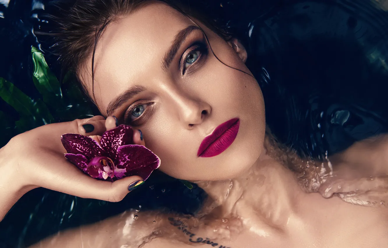 Photo wallpaper look, water, girl, face, model, makeup, lips, Orchid