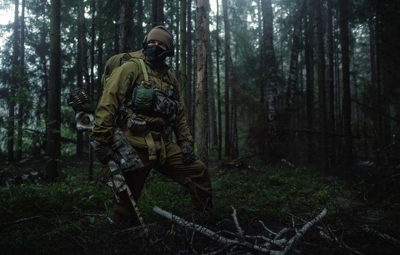 Photo wallpaper forest, mask, soldiers, sniper, infantryman, sniper rifle, camouflage