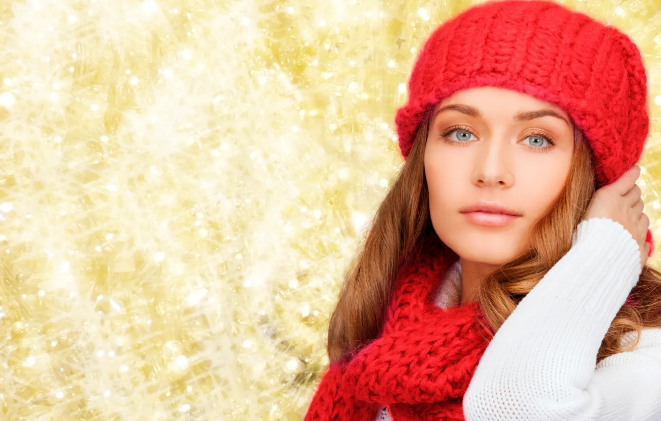Photo wallpaper white, look, pose, background, hat, portrait, makeup, scarf