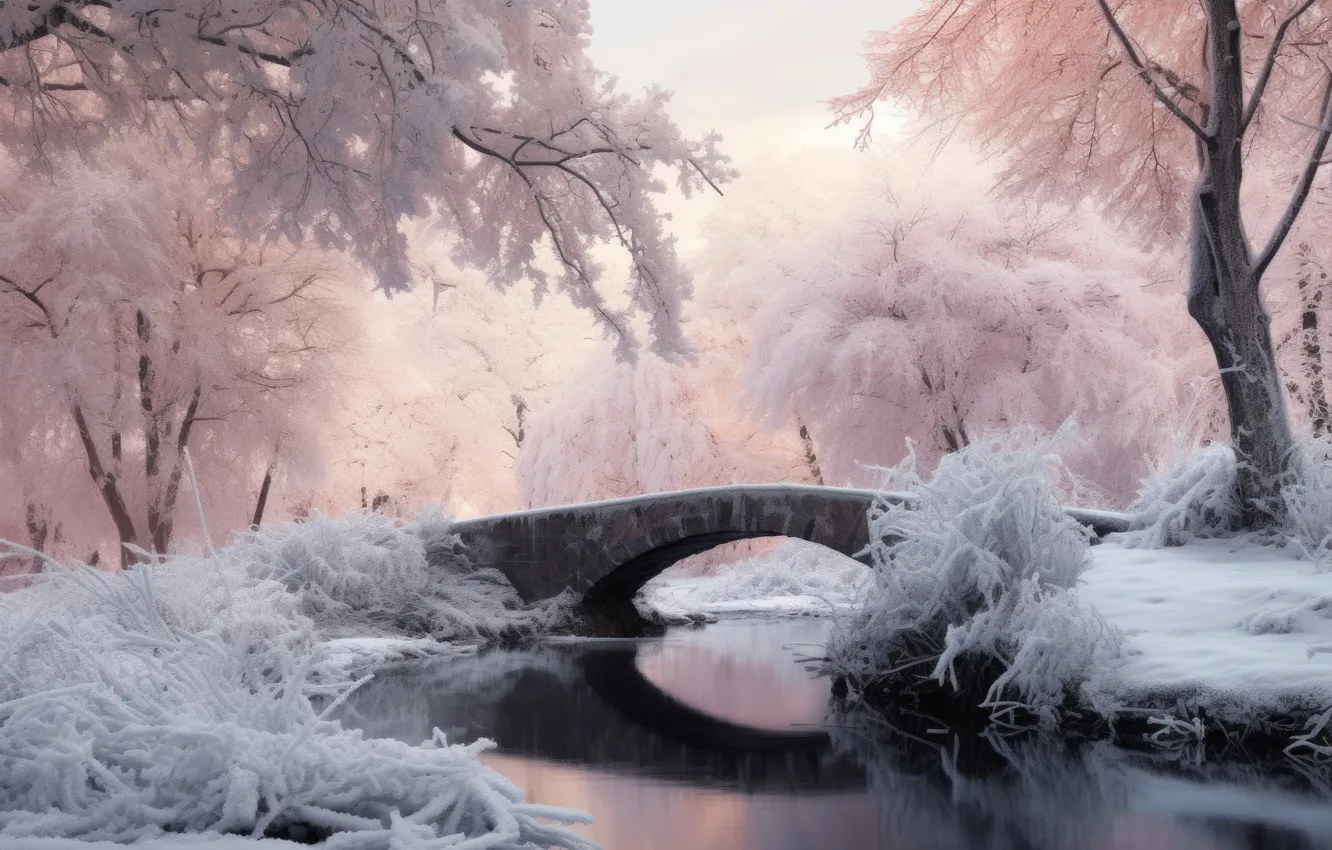 Photo wallpaper bridge, park, winter, snow