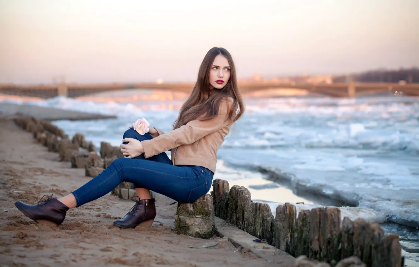 Photo wallpaper rose, beach, sky, bridge, model, women, bokeh, jeans