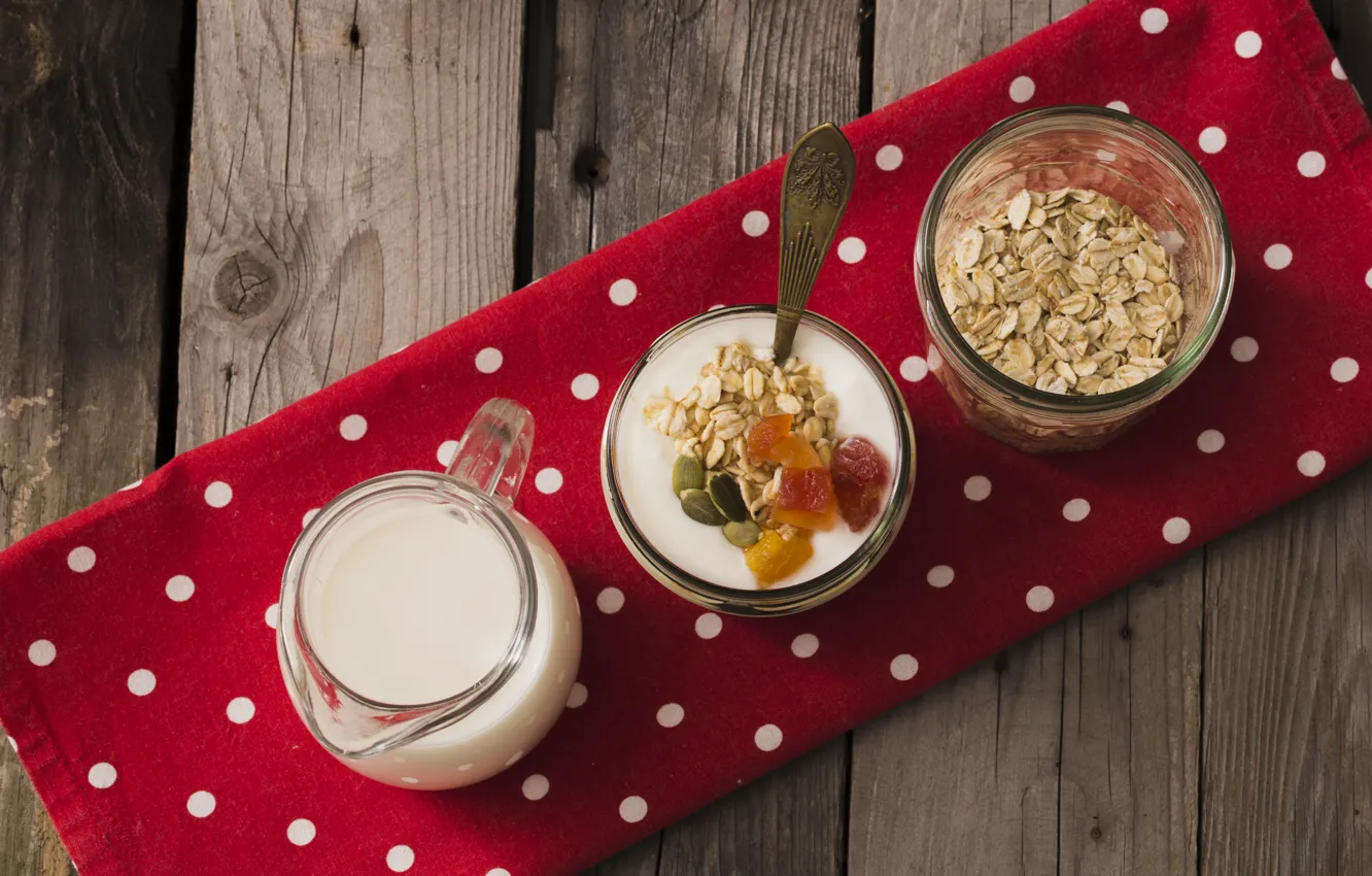 Photo wallpaper Breakfast, wood, milk, yogurt, Breakfast, yogurt, oatmeal