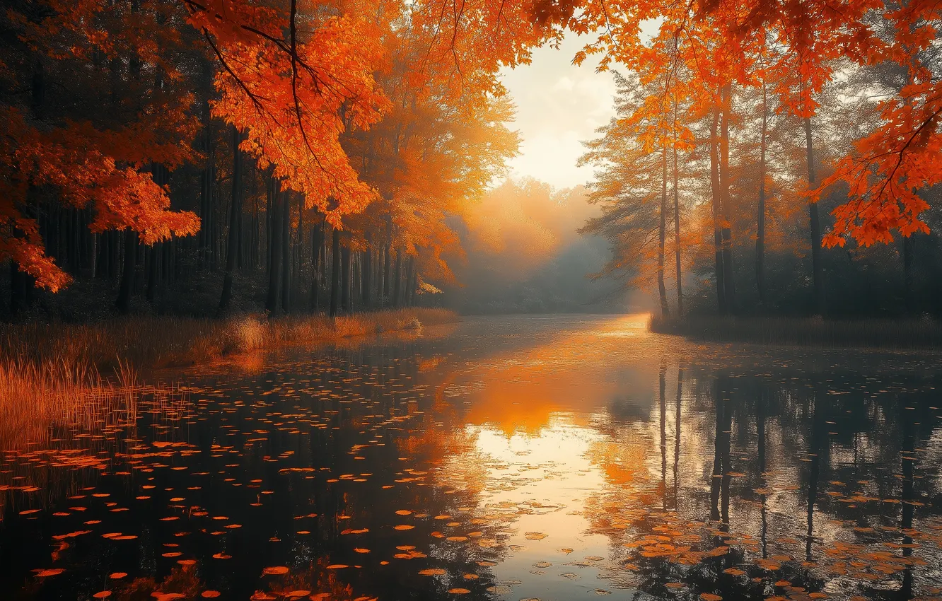 Photo wallpaper trees, autumn, Mirror of water, red colors
