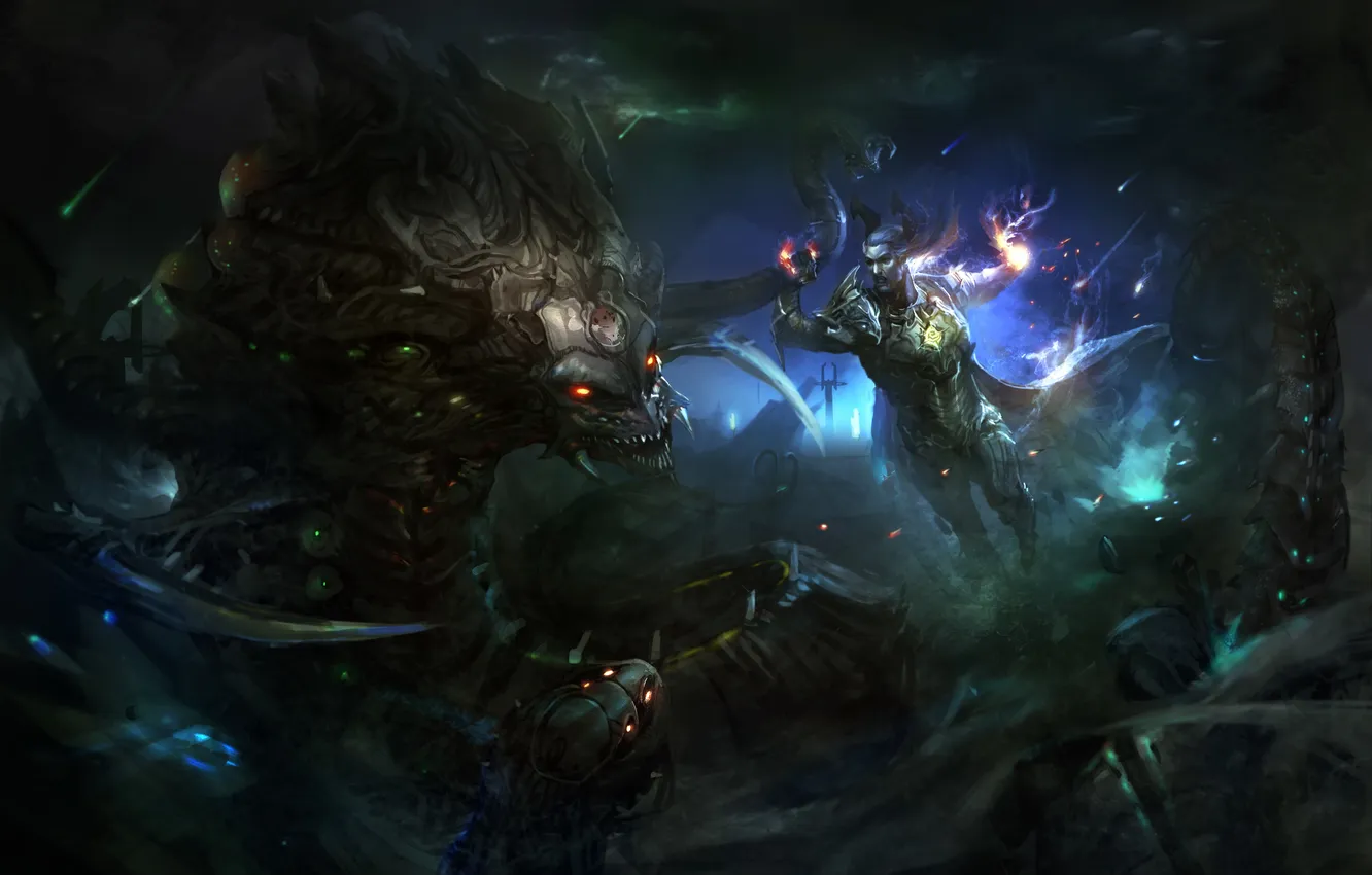 Photo wallpaper magic, monster, warrior, art, battle