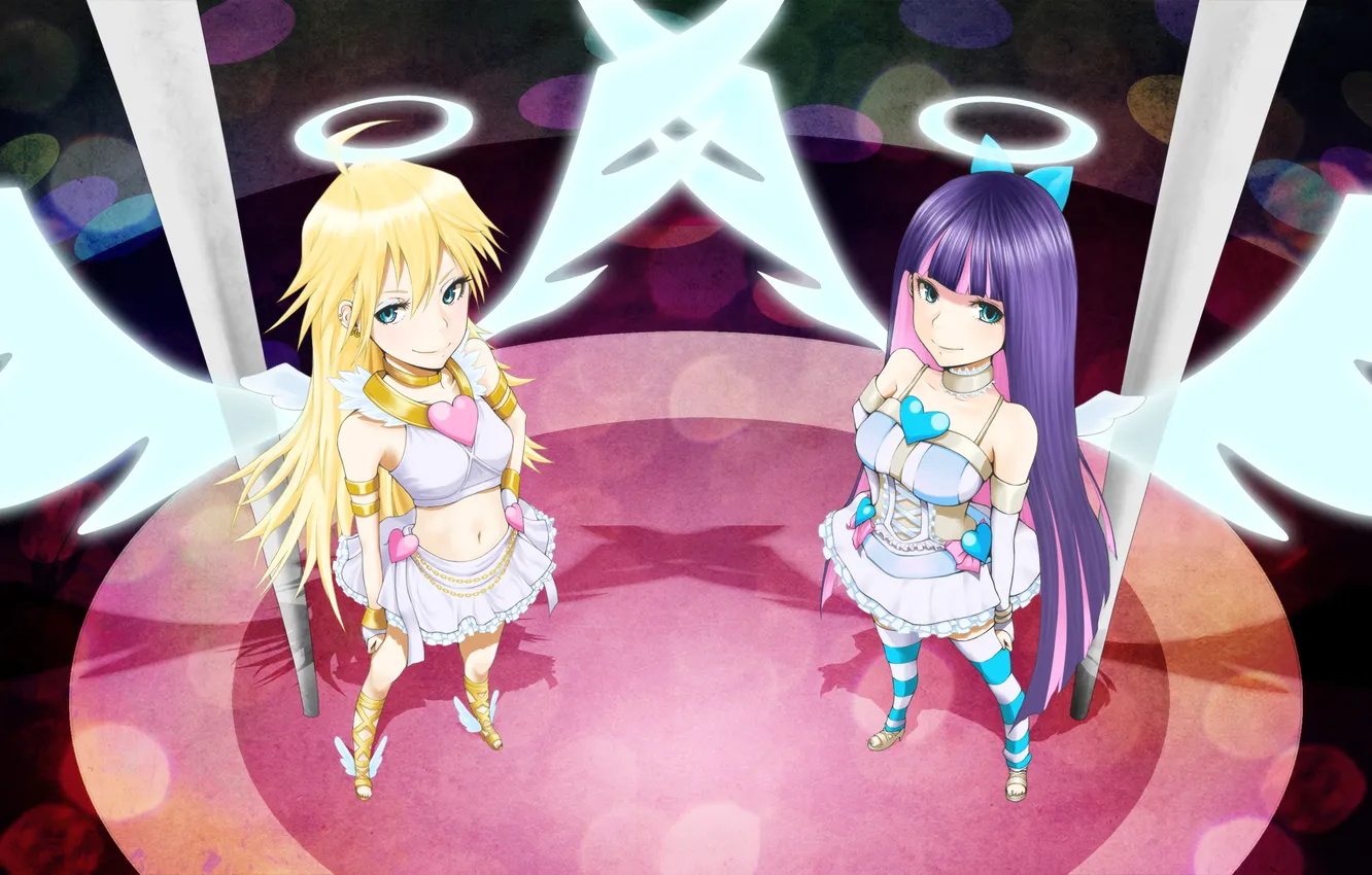 Photo wallpaper girl, wings, anime, art, hearts, bow, halo, Panty And Stocking With Garterbelt
