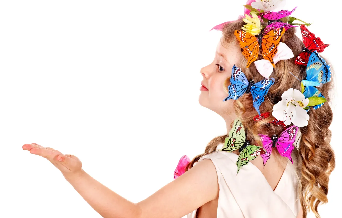 Photo wallpaper flowers, children, butterfly, hairstyle, blonde, girl, curls, girl