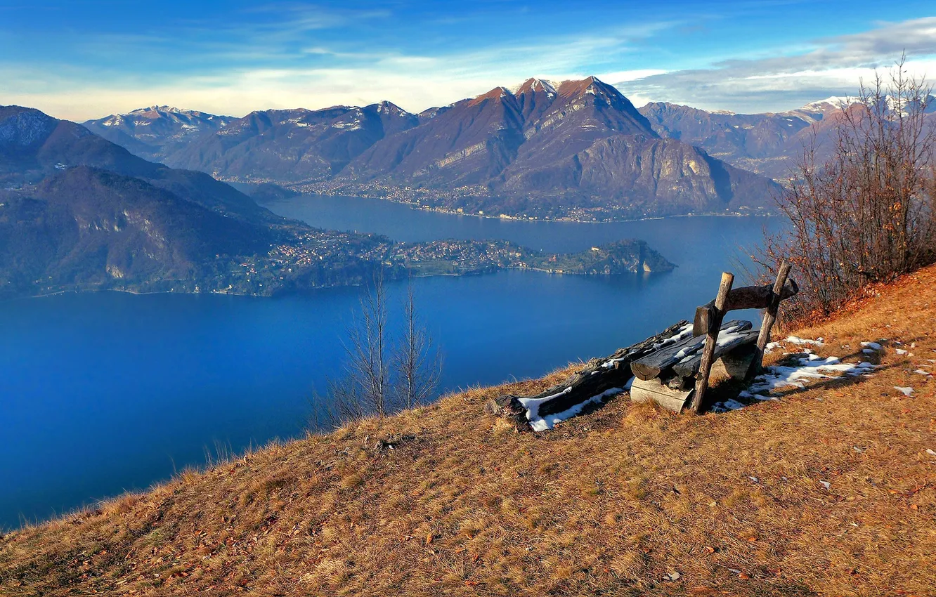 Photo wallpaper mountains, Italy, bench, lake Como, Lombardy, Lierna