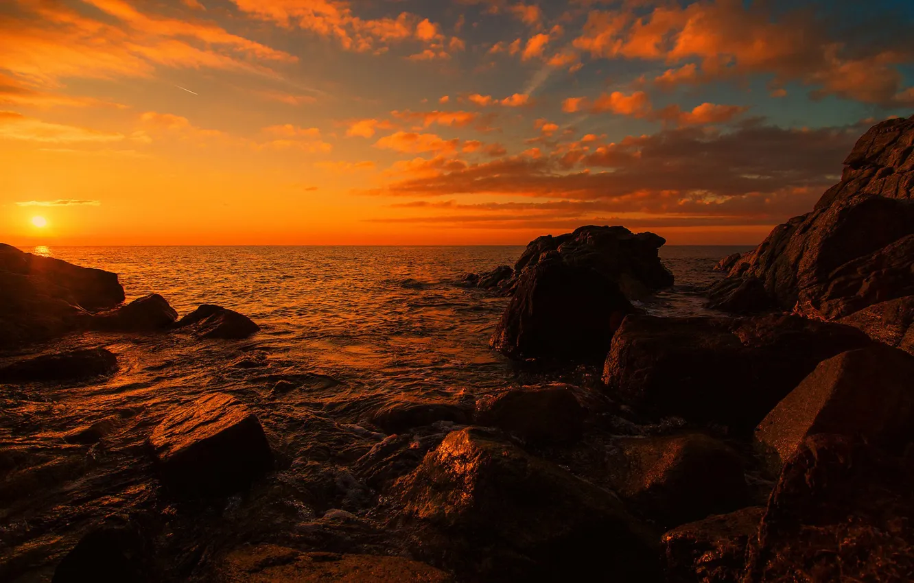 Photo wallpaper sea, the sun, sunset, orange, clouds, stones