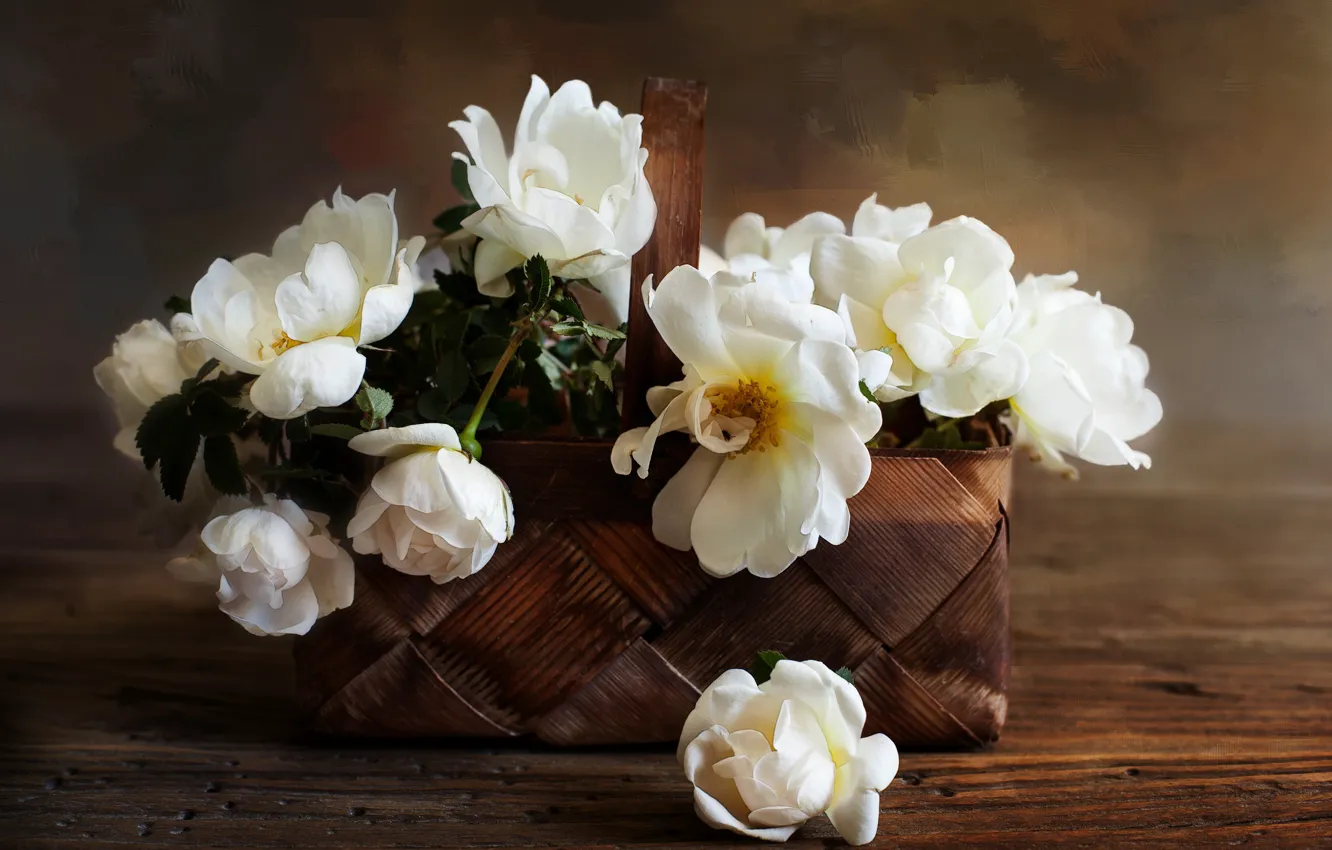 Photo wallpaper roses, basket, white roses