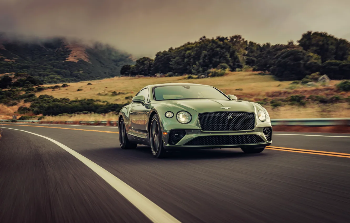 Photo wallpaper road, movement, coupe, Bentley, hill, 2019, Continental GT V8