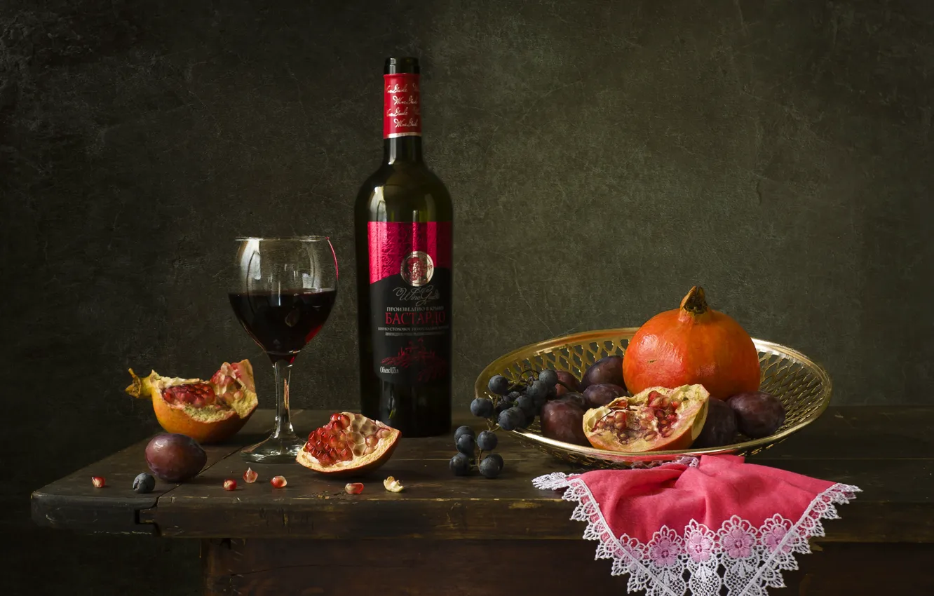 Photo wallpaper table, wine, glass, bottle, grapes, fruit, still life, plum
