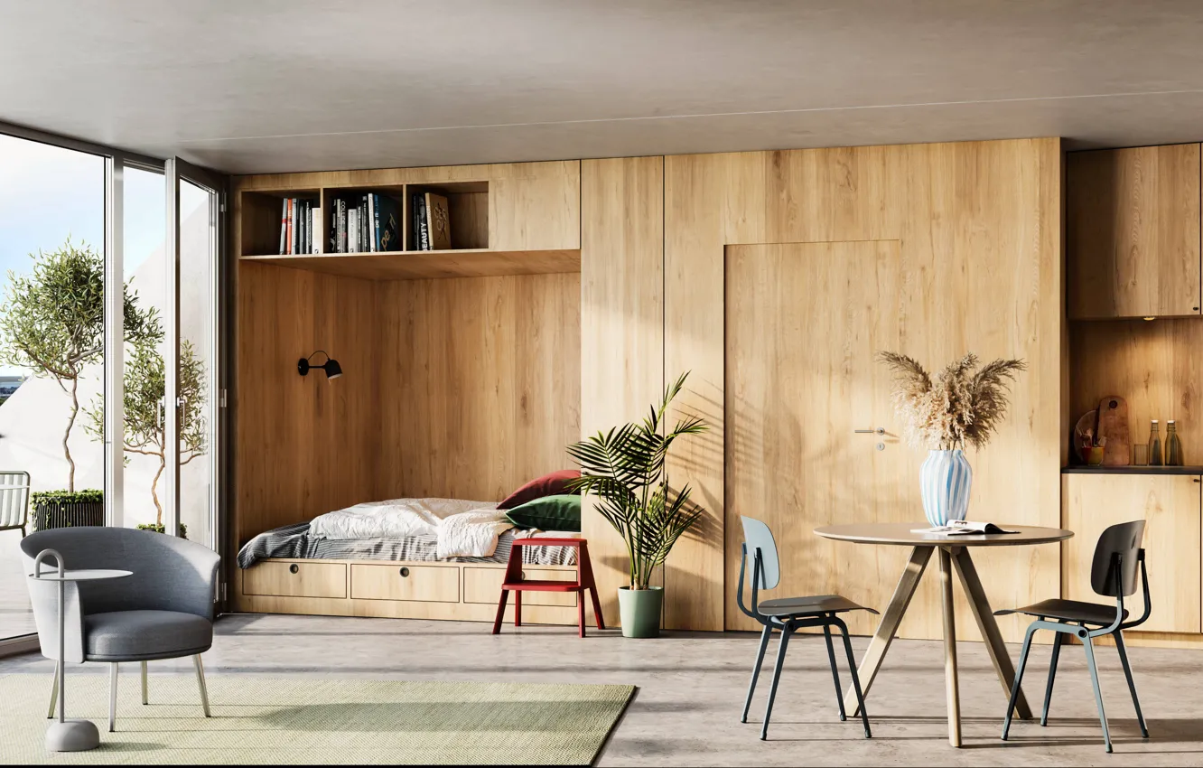 Photo wallpaper design, style, interior, living space, Denmark, housing for one, Esbjerg