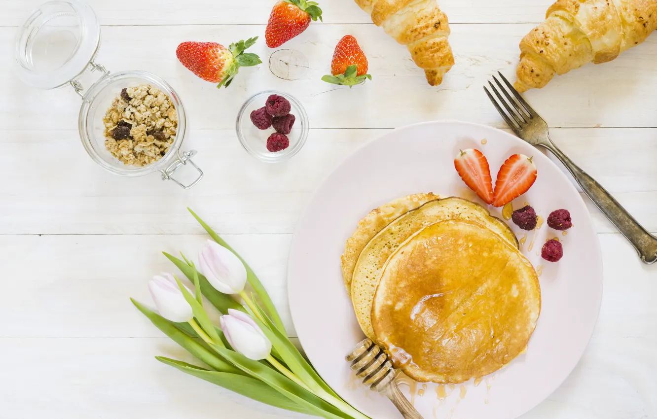 Photo wallpaper berries, food, Breakfast, strawberry, tulips, pancakes, muesli