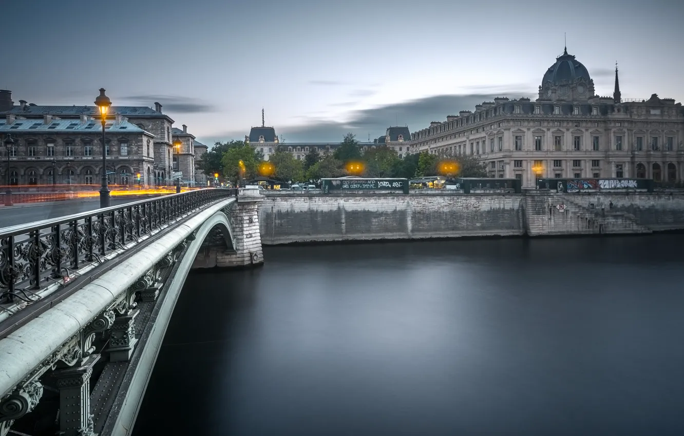 Photo wallpaper clouds, light, bridge, the city, river, street, France, Paris