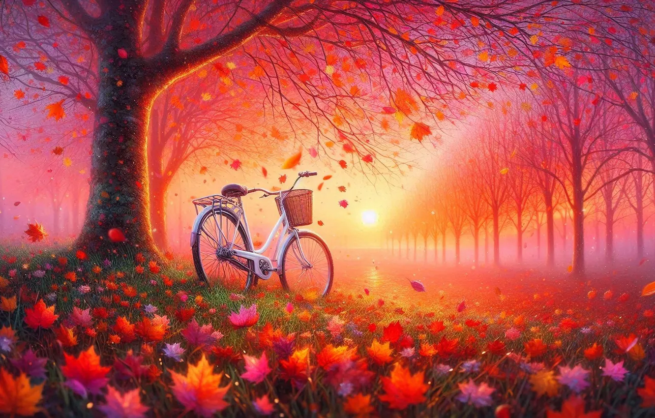 Photo wallpaper autumn, trees, nature, bike, Park, foliage, falling leaves, maple leaves