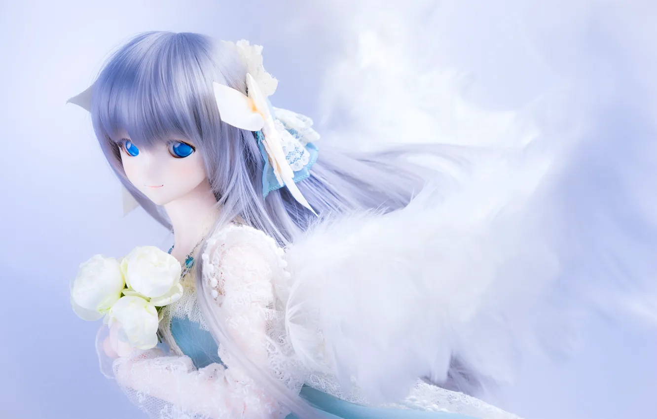 Photo wallpaper girl, hair, toy, wings, doll