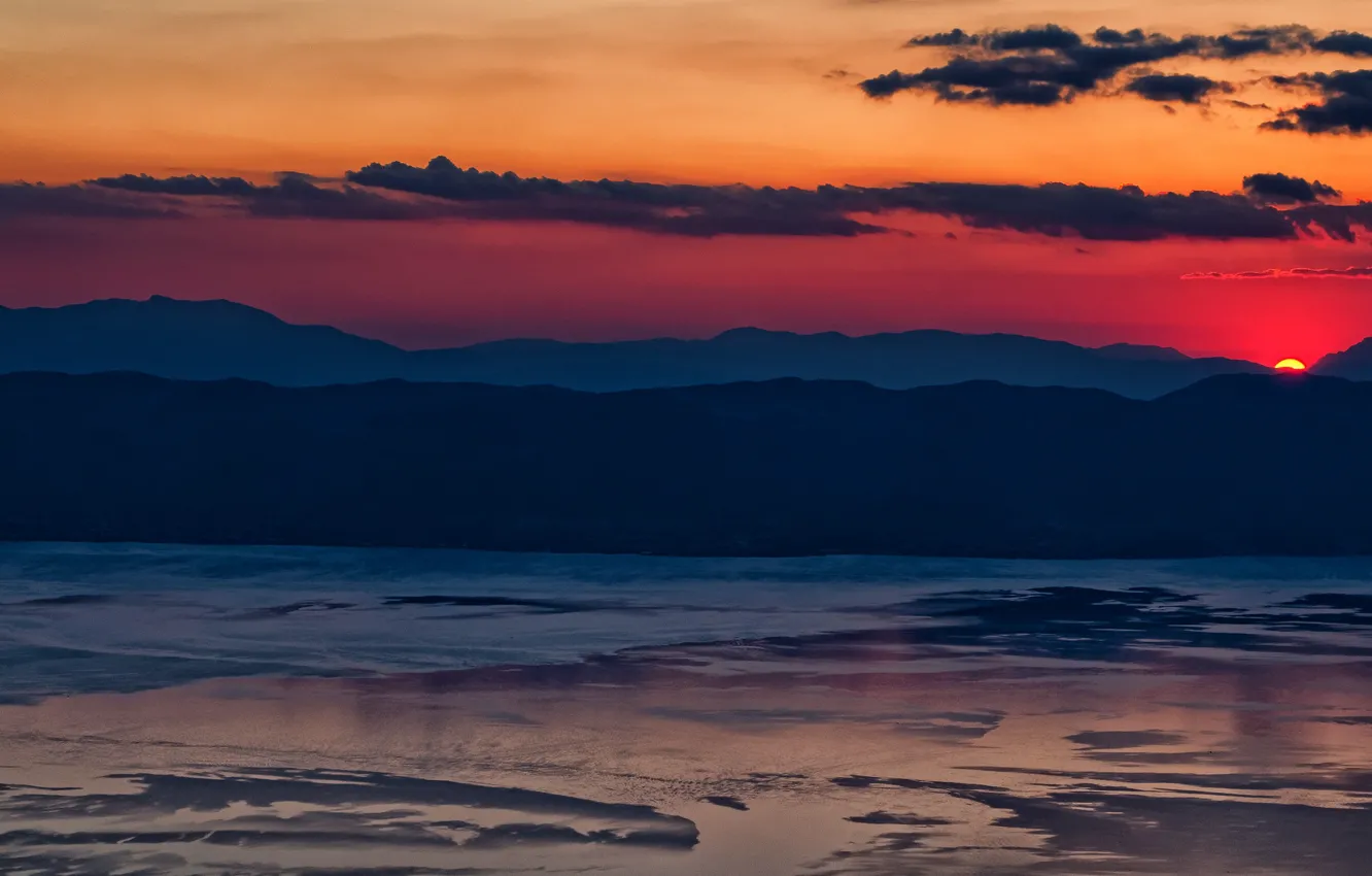 Photo wallpaper Peak, dusk, lake, mountain, twilight, sunset, hills