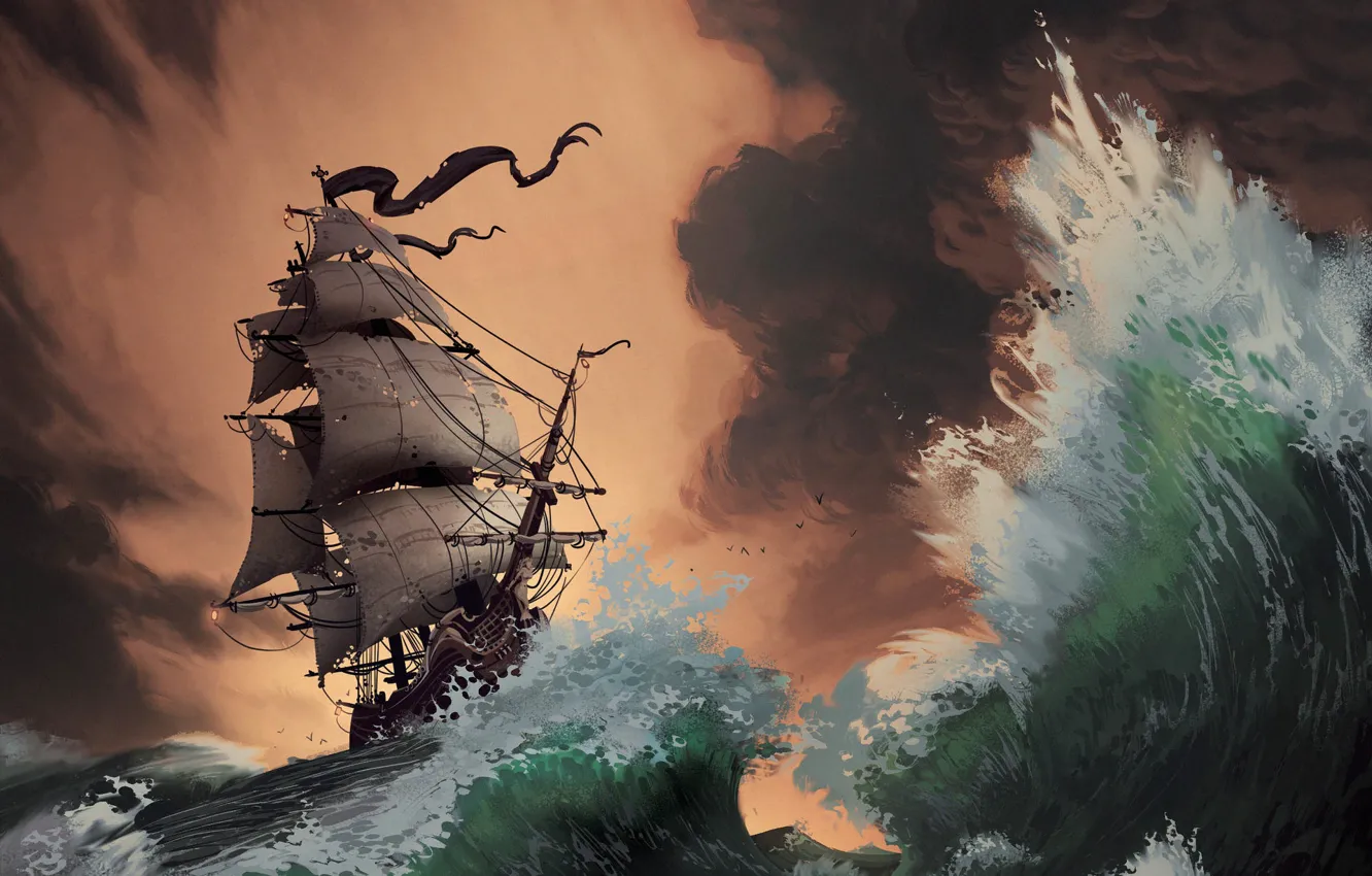 Photo wallpaper Sea, Wave, Storm, Ship, Storm, Sailboat, Pirates, Sails