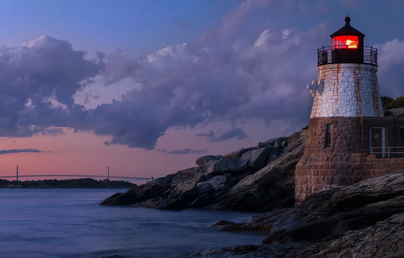 Photo wallpaper sea, the sky, clouds, light, night, stones, rocks, lighthouse
