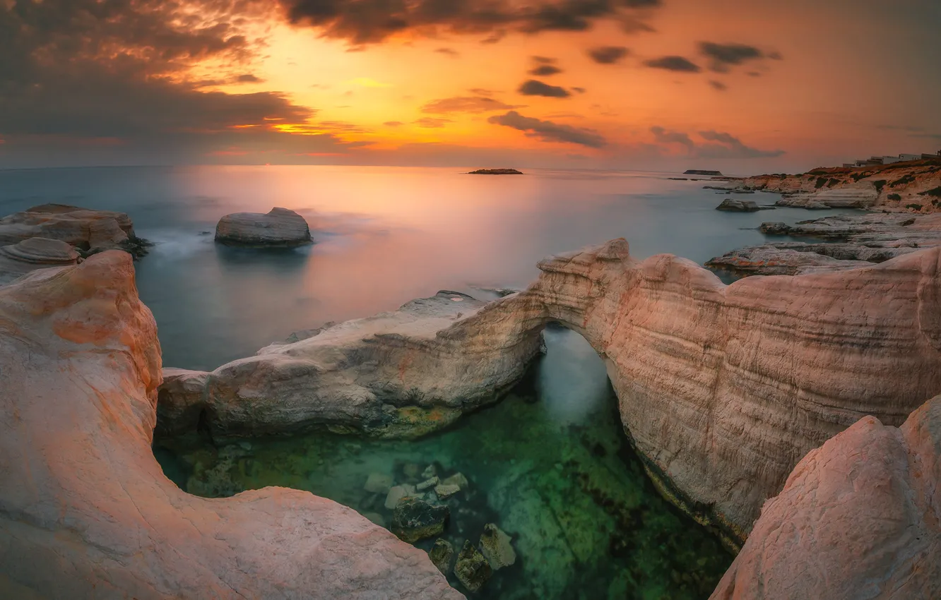Photo wallpaper sea, the sky, clouds, sunset, stones, rocks, view, the bottom