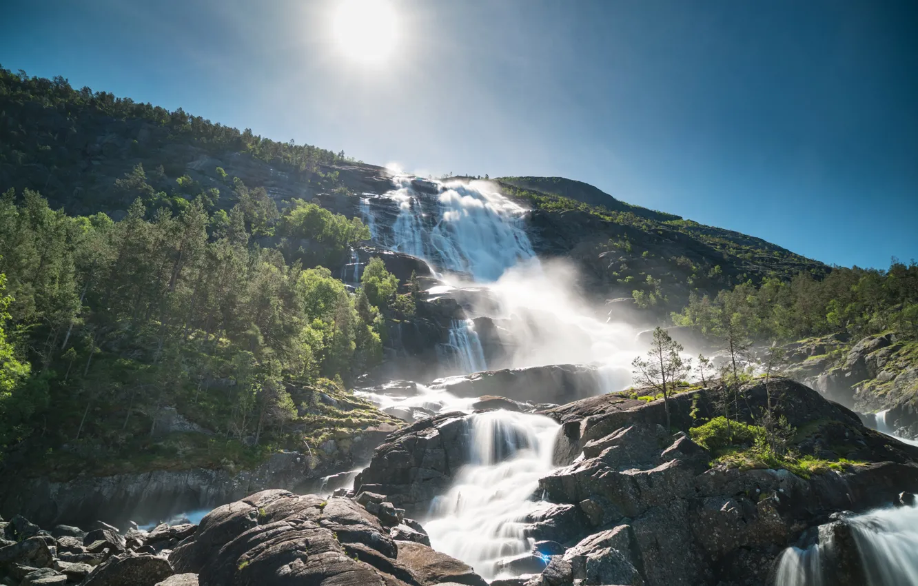 Photo wallpaper The sun, Nature, Norway, Hills, Waterfalls, Uskedal, Hordaland County