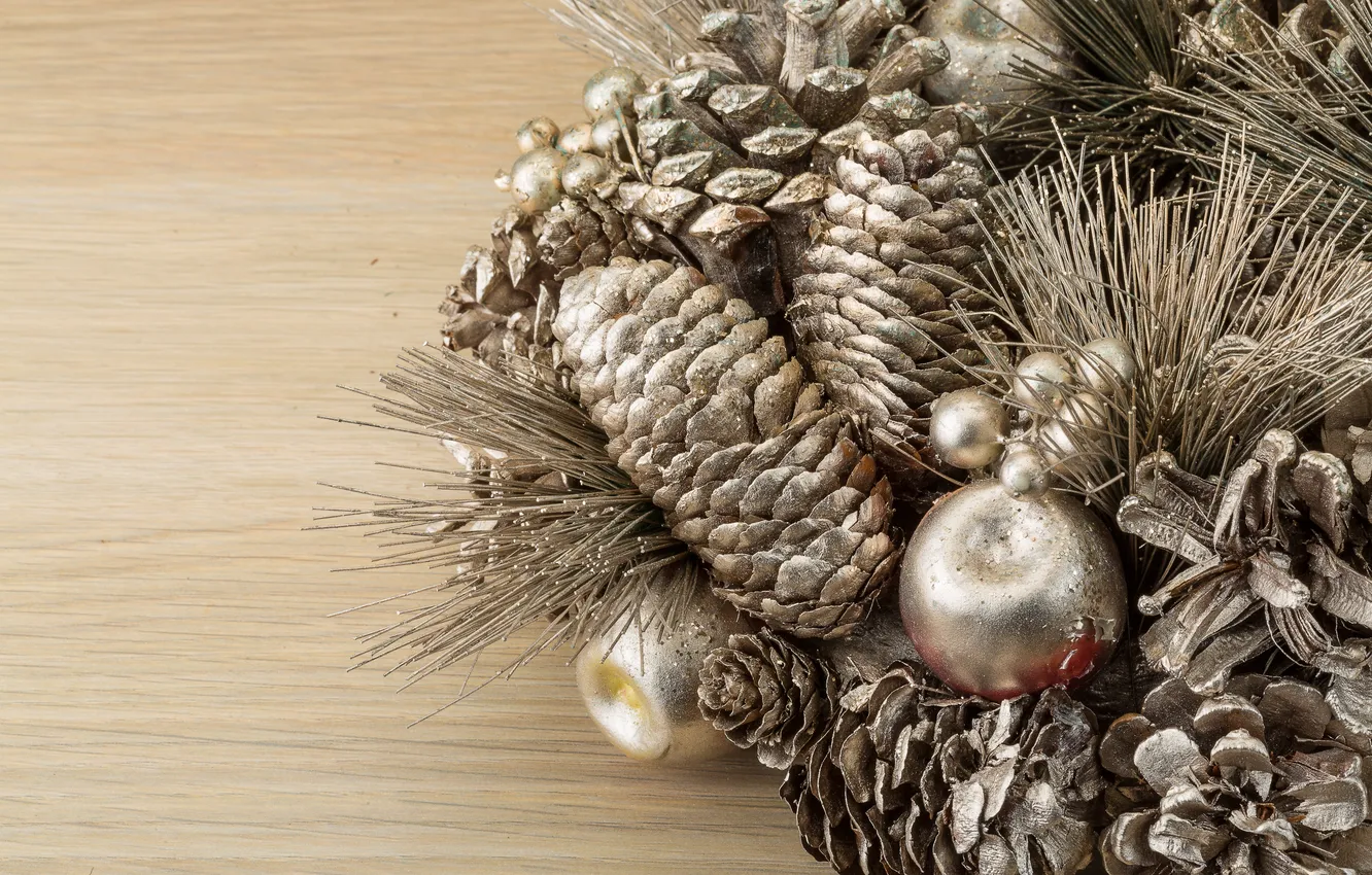 Photo wallpaper balls, branches, Board, silver, new year, silver, Christmas, needles