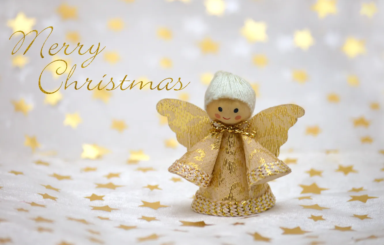 Photo wallpaper the inscription, toy, new year, Christmas, gold, gold plated, light background, wings