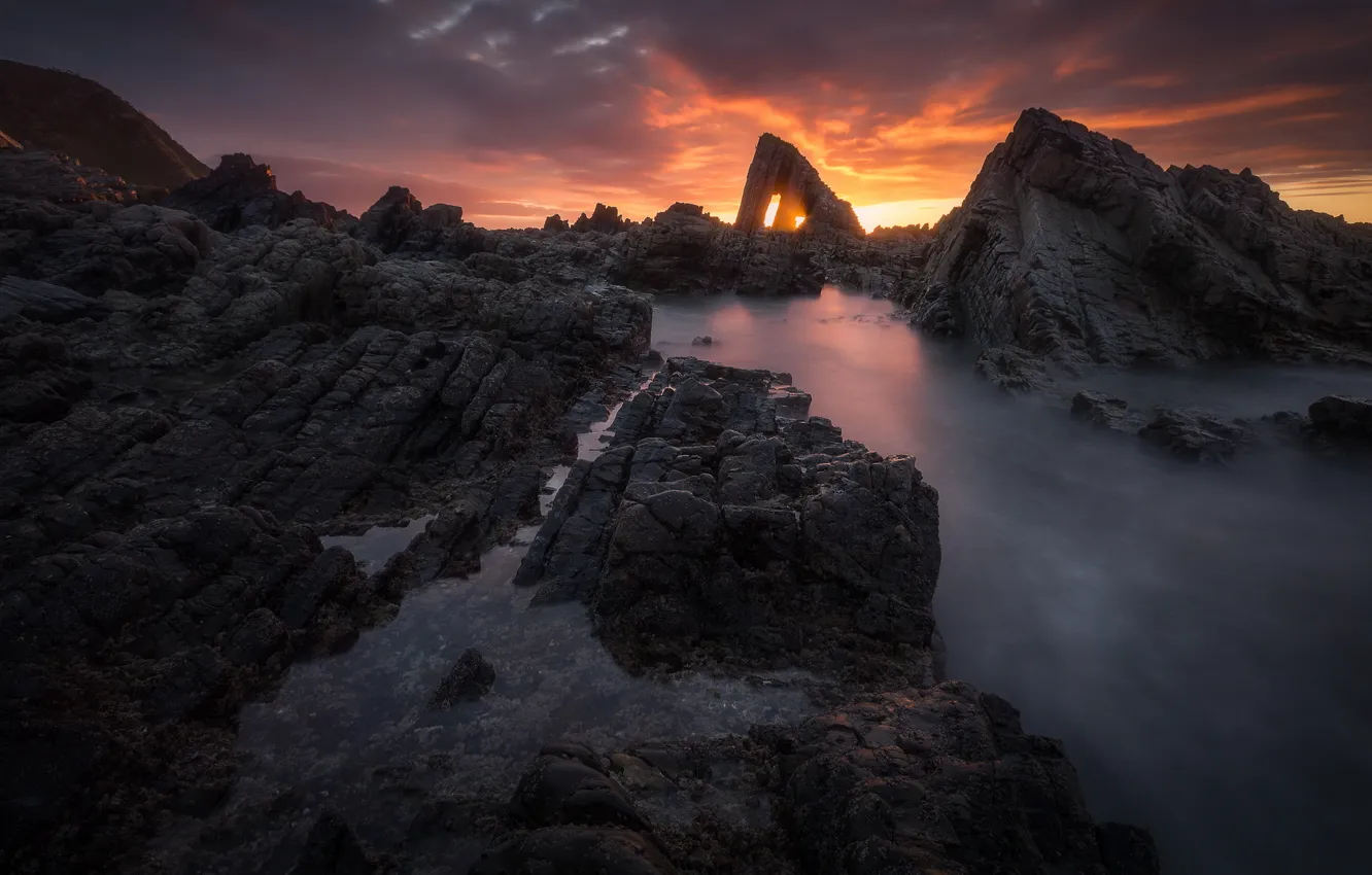 Photo wallpaper sea, Wallpaper from lolita777, rocks, clouds, sunset
