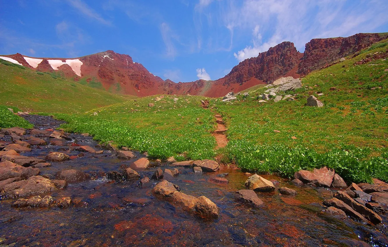 Photo wallpaper summer, the sky, grass, clouds, mountains, green, stream, stones